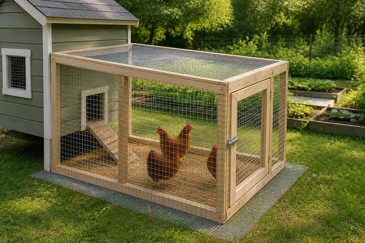 A chicken run wrapped in hardware cloth on every side and across the roof, with a mesh apron pegged flat around the base and three brown hens inside
