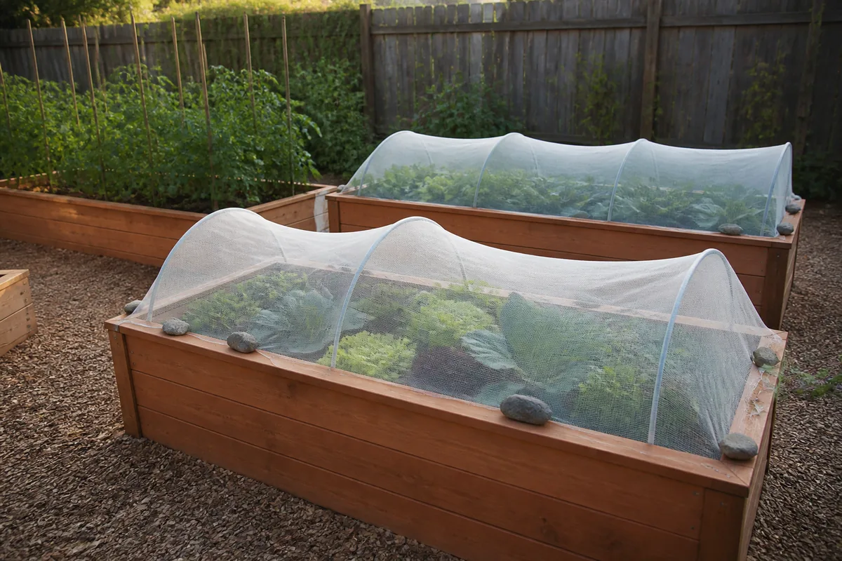 Raised cedar garden beds with fine insect netting stretched over hoops, lettuce and cabbage growing underneath