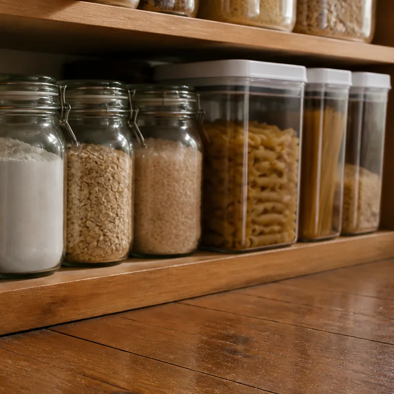 A pantry shelf of flour, oats, rice and pasta in sealed glass jars and airtight containers